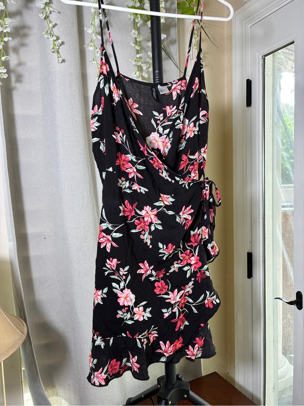 Floral Wrap Mini Dress - Black with Pink Blossoms